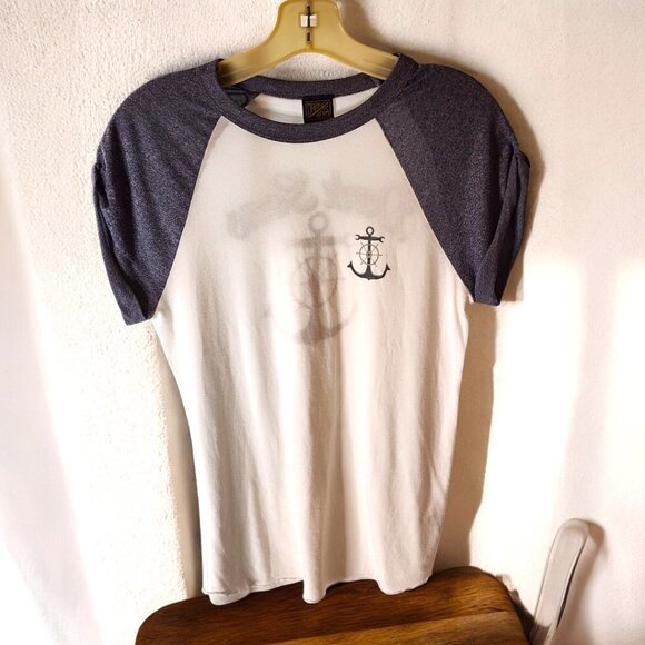 Dark Seas Tops - Dark Seas Anchor Graphic Raglan Tee White Gray Nautical Surf Skate Size S
